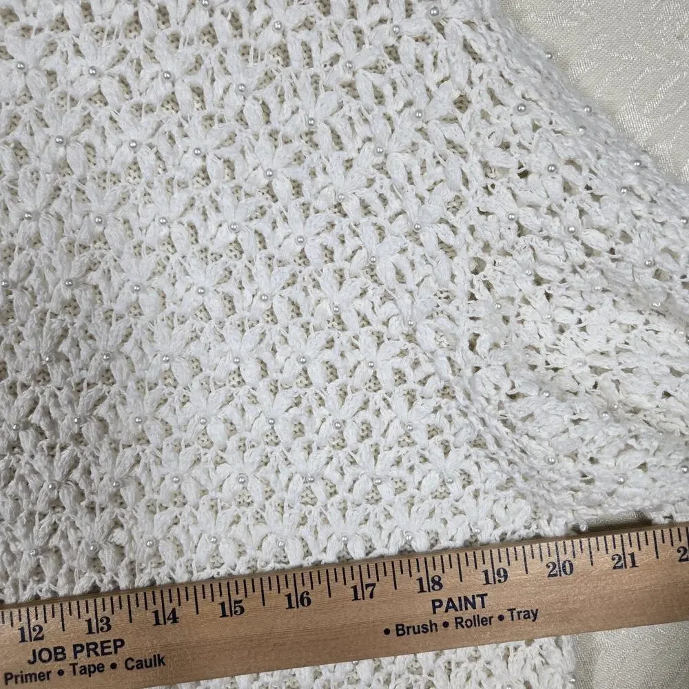 VTG Venezia Crochet Cardigan Sweater 14/16 Ivory Pearls Grandmacore Cottagecore